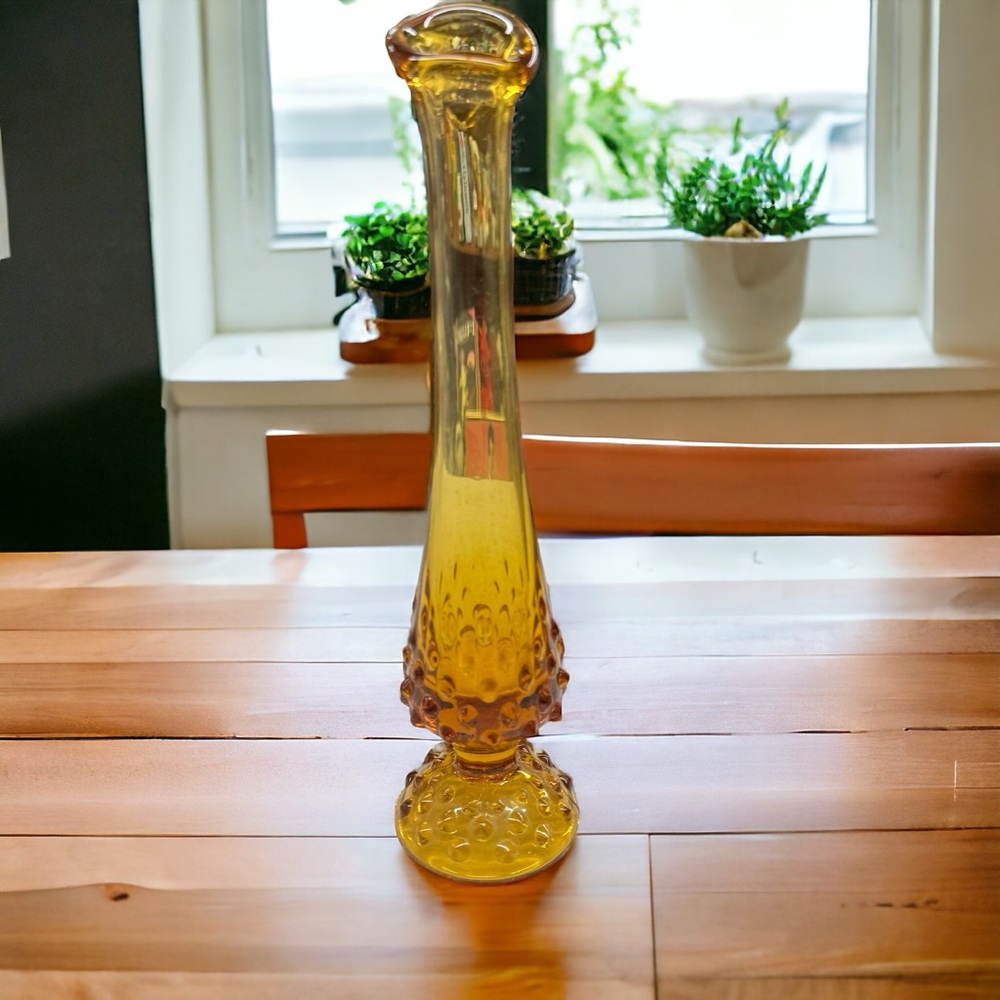 Vintage Fenton Amber Brown Hobnail Bud Vase Stretch Footed Swung 10” Glass
